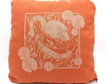 Linocut Illustrated pillow - Swan and catfish “Pond residents” -  Hand-printed and hand-sewn