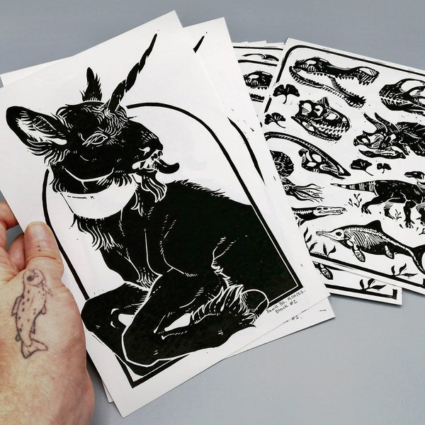 Hand-printed linocut mix - A5 black and white prints