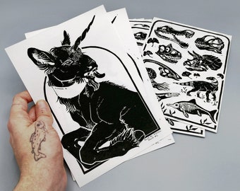 Hand-printed linocut mix - A5 black and white prints