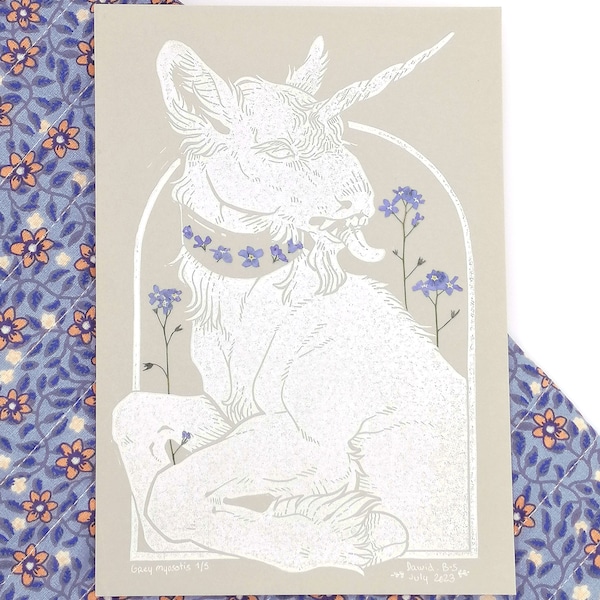 Unicorn hand-printed linocut with dried flowers - “grey myosotis” - A5