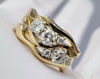 Classic 4 MM Round Cut Colorless Moissanite Band, Solid 10k Gold Promise Band, Cluster Diamond Engagement Band, Prong Setting Unique Band