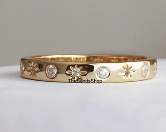 The Moon And Star Band, Flush Set Design Stacking Band, Mesmerizing Ring, Round Cut Moissanite Set On Smooth Gold Band, 18k Yellow Gold Band