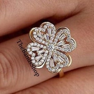 Spinning 4 Leaf Clover Band, Fidget Band, 14k Yellow Gold Proposal Band, Tapered Baguette And Round Cut Natural Diamond Engagement Band Gift