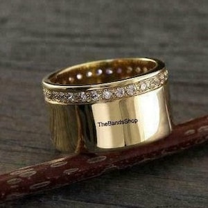 18k Yellow Gold Band With Small Flush Set Diamond, Unique Cigar Band, Gold Engagement Band, Wide Thick Wedding Band, Natural Diamond Band