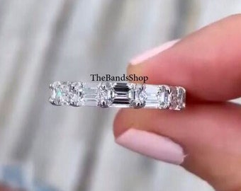 East To West Style 5x4 MM Emerald Cut Lab Grown Diamond Band, 14k White Gold U Prong Band, Full Eternity Diamond Anniversary Matching Band