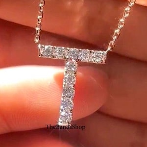 T Buchstabe Diamant Alltagskette, 2,50 mm Rundschliff Diamant im Labor gewachsen, Verlobungskette, 14K Gelbgold Halskette, personalisierter Schmuck
