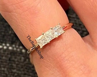 Beautiful Princess Cut Moissanite Diamond Proposal Band, 14k Yellow Gold Engagement Band, Three Stone Diamond Matching Band, Gift For Love