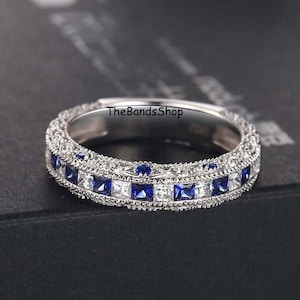 3 MM Princess Blue Sapphire And Colorless Diamond Half Eternity Band, Solid 10k Gold Milgrain Style Matching Band, September Birthstone Band