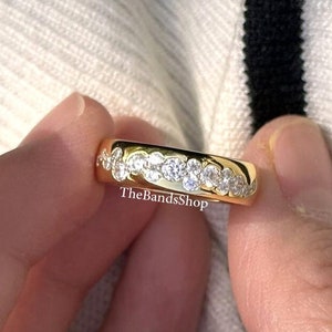 Solid 10k Yellow Gold Band, 3.00 MM Round Cut Natural Diamond Wedding Band, Scattered Flush Setting Diamond Proposal Band, Handmade Jewelry