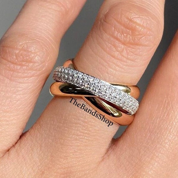 Three Separate Combined Ring, Crossover Band, Round Cut Colorless Moissanite Engagement Band, Solid 18k Yellow Gold Intertwined Rolling Ring