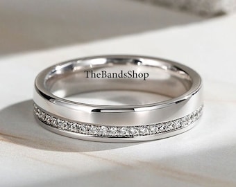 10k White Gold Band, Men's Band, Full Eternity Band, One Side Diamond Pave Accents Band, 1.10 MM Round Cut Natural Diamond Wedding Band Gift