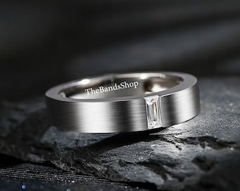 Vertical 4x2 MM Baguette Cut Lab Grown Diamond Band, Brushed Finish Band, Tension Setting One Diamond Men's Band, Wedding Band In 10k Gold