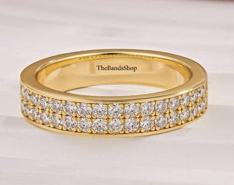 Klassischer 1,80 mm Naturdiamant Ehering, 14K Gelbgold Band, Halbe Eternity Diamant Matching Band, zweireihige Pave Akzentband