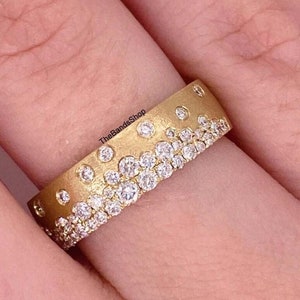 Stunning Satin Finish 14k Yellow Gold Unique Cigar Band, Flush Set Diamond Half Eternity Band, Round Cut Lab Grown Diamond Anniversary Band