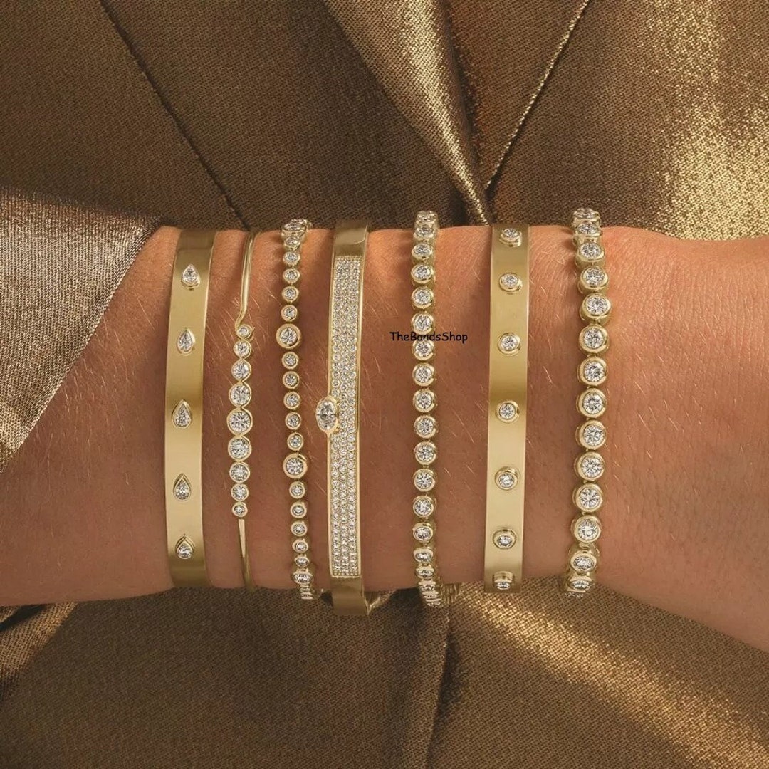 Bezel Set Pear Cut Flush Diamond Latch Lock Bangles, Round Cut ...