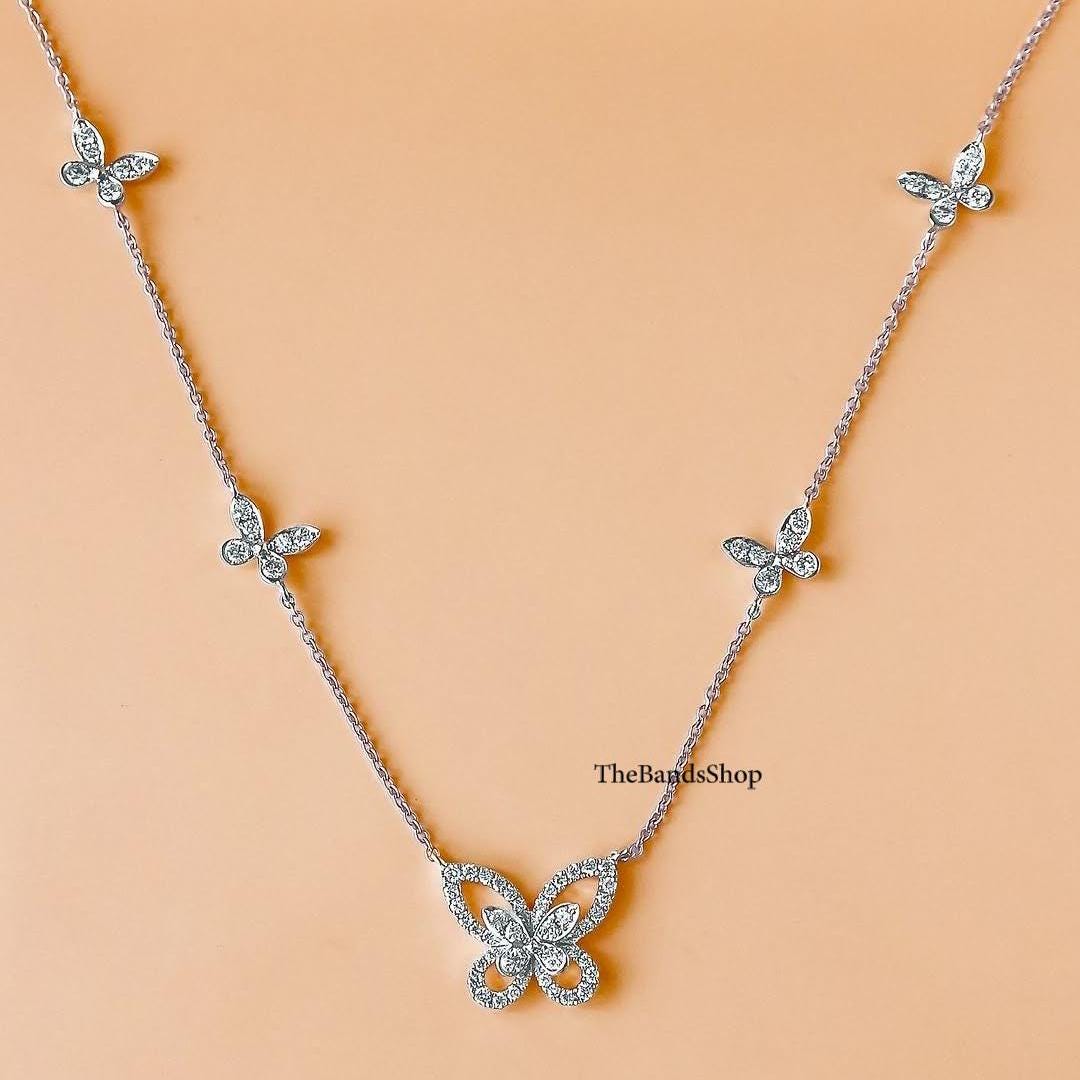 14K White Gold Butterfly Charm Pendant Necklace, Sparkly Diamond Necklace for Women, Round Cut Lab Grown Diamond Anniversary Necklace, Gift - Etsy