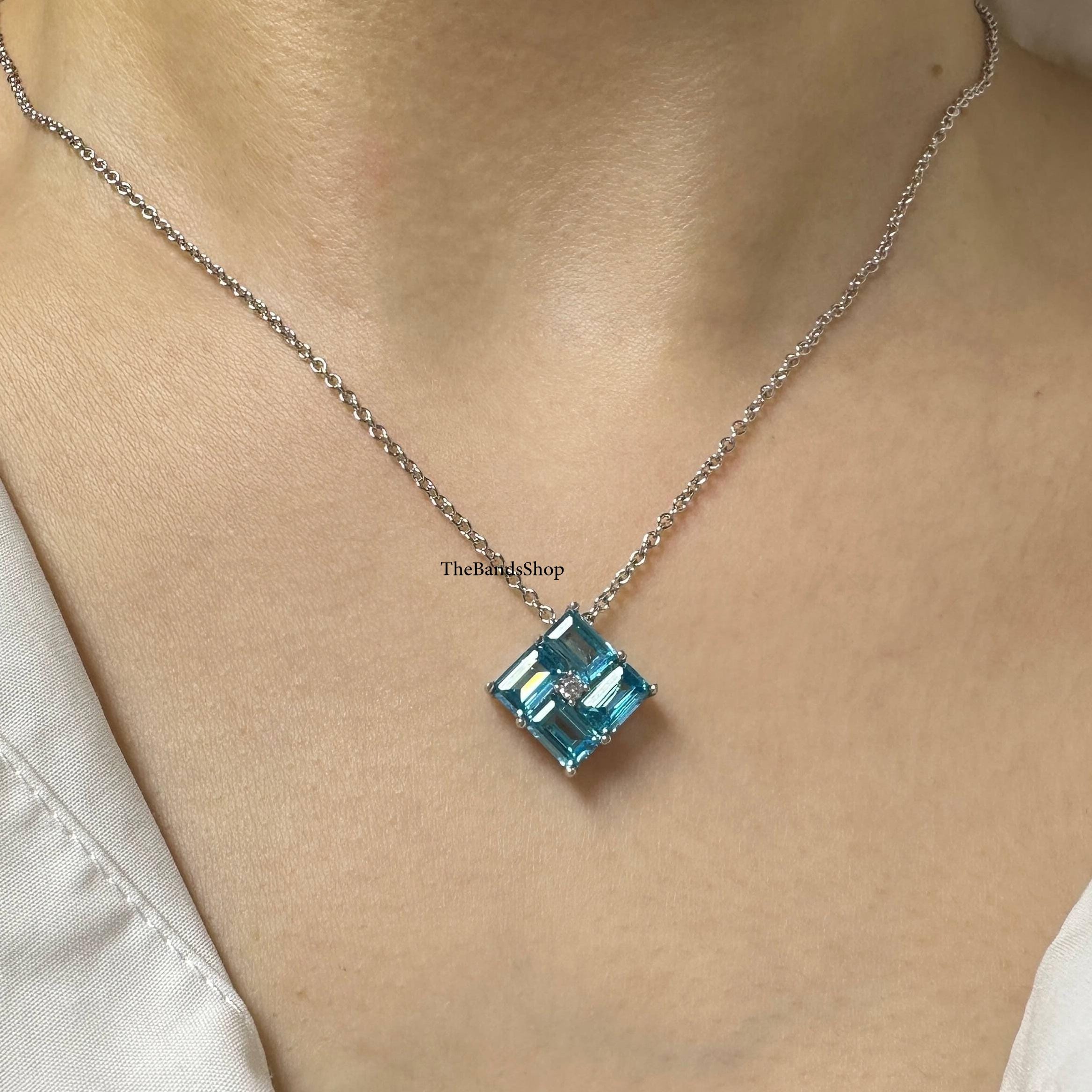 November Birthstone Pendant, 6x4 MM Emerald Cut Blue Topaz CZ