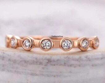 Classic 2.20 MM Round Cut Natural Diamond Band, Bezel Set Engagement Band, 18k Rose Gold Band, Half Eternity Matching Band, Promise Band