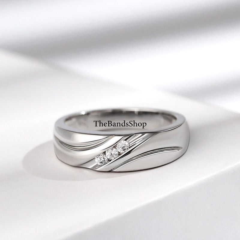 10k White Gold Designer Statement Band, Channel Setting Band, Three Stone Diamond Men's Band, 2 MM Round Cut Lab Grown Diamond Wedding Band