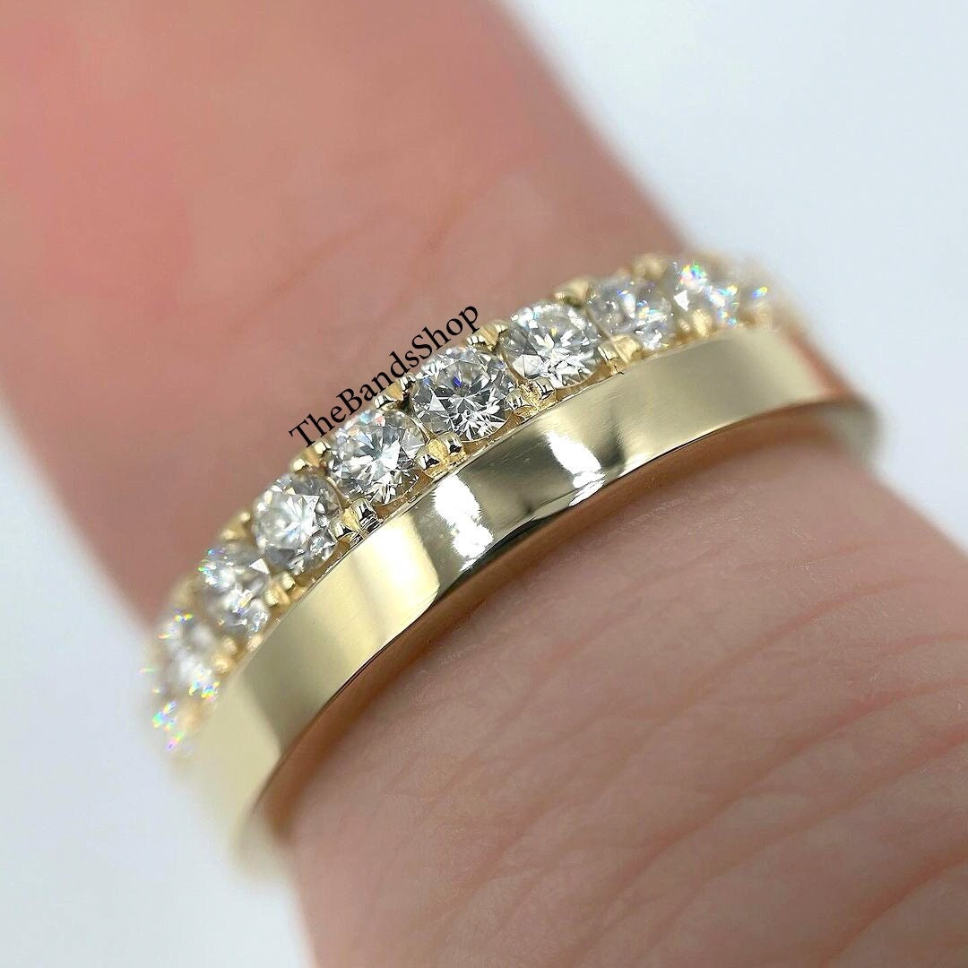 Diamond Edge Wedding Band, One Side Pave Accents Comfort Fit Band, 14k ...