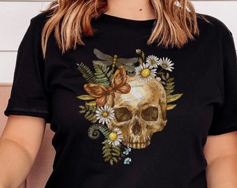 Camiseta de calavera y flores: camiseta bohemia retro de Halloween