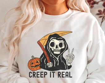 Sudadera "Creep It Real Skeleton" - Cuello redondo retro espeluznante de Halloween
