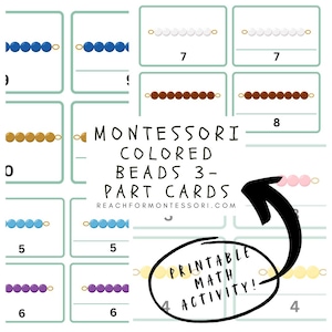 Tarjetas imprimibles de 3 partes de Montessori para actividades matemáticas con cuentas de colores