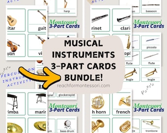 Può includere: Un set di carte Montessori a 3 parti stampabili con immagini di strumenti musicali. Le carte sono divise in categorie: corde, fiati, percussioni, ottoni e tastiere. Le carte sono progettate per aiutare i bambini a conoscere diversi strumenti musicali e i loro nomi.