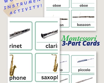 Può includere: Un set di carte Montessori a 3 parti con immagini di strumenti a fiato in legno, tra cui un clarinetto, un oboe, un flauto, un sassofono, un fagotto, un piccolo e un rinet. Le carte sono etichettate con il nome di ogni strumento.
