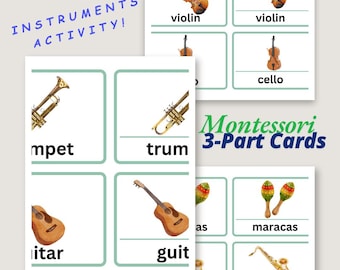 Può includere: Un set di carte Montessori a 3 parti con immagini di strumenti musicali. Le carte includono una tromba, un violino, un violoncello, una chitarra, un sassofono e maracas. Le carte sono etichettate con il nome di ogni strumento.