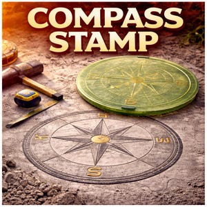 Può includere: L'immagine mostra un timbro a bussola con la scritta "COMPASS STAMP" in lettere dorate. Sono visibili un timbro a bussola verde e un timbro a bussola grigio. Sono presenti anche un martello, una livella e un piccolo oggetto blu e giallo.