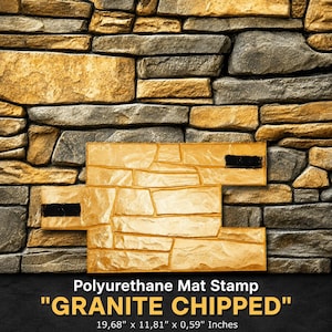 May include: A rectangular polyurethane mat stamp with a textured granite chipped pattern in a light tan color. The stamp features two black rectangular handles on opposite sides. Text on the image reads: Polyurethane Mat Stamp GRANITE CHIPPED 19.68" x 11.81" x 0.59" Inches.