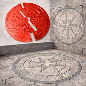 May include: A red compass rose design, split into two pieces, sits on a gray surface. Two other compass rose designs are also shown, one on a wall and one on the floor, all with directional markers.