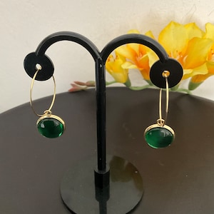 Stainless steel bezel hoop earrings - Emerald Green