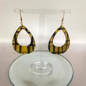 Oval Hoop Drop Earrings - African Kente - Yellow & Black