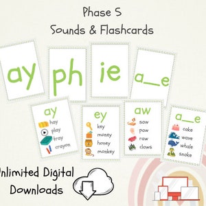 PDF imprimible Fases fonéticas de doble cara 5 / Tarjetas flash A6 grandes / Dígrafos de sonidos y tapetes de palabras / Aprendizaje de educación en el hogar EYFS