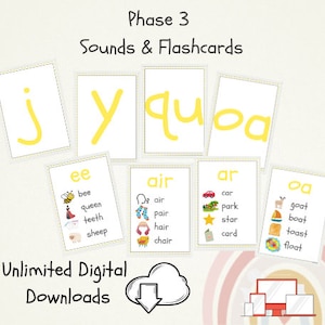 PDF imprimible Fases fonéticas de doble cara 3 / Tarjetas flash A6 grandes / Dígrafos de sonidos y tapetes de palabras / Aprendizaje de educación en el hogar EYFS