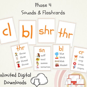 PDF imprimible Fases fonéticas de doble cara 4 / Tarjetas flash A6 grandes / Dígrafos de sonidos y tapetes de palabras / Aprendizaje de educación en el hogar EYFS