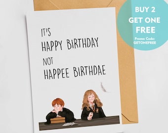 Biglietto d'auguri stampabile - Hermione e Ron: Buon compleanno, non Happee Birthdae - Biglietto per Potterhead, Fan HP, Persona magica