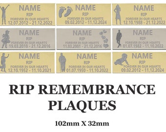 RIP Engraved Remembrance Plates 102mm x 32mm Plaque Personalised Metal Customised Self Adhesive UK Man Woman Baby Boy Girl Never Forgotten