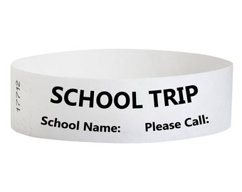 Personalised School Trip Wristbands Custom White Strap  Lost Child Rip Proof Tear Resistant Paper Safety Children  ID