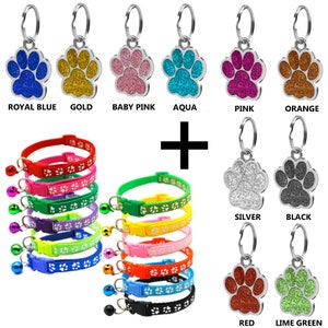 May include: Set of 10 colourful paw print dog collars with bells and 10 matching paw print dog tags in various colours, including royal blue, gold, baby pink, aqua, pink, orange, silver, black, red, and lime green. The collars are adjustable and come in a variety of sizes.
