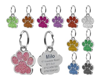 Engraved Cat Tag Glitter Personalised Pet Name ID Charm Cat Paw Print Collar Kitten Neck Sparkly Customised Metal Feline