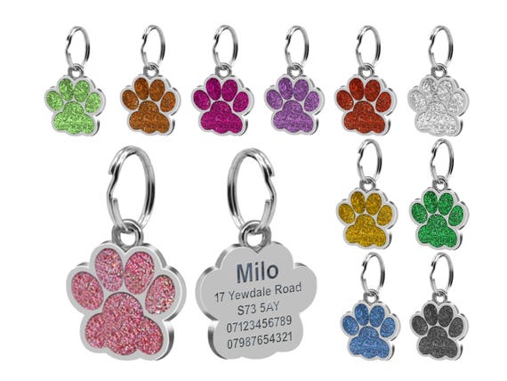 Engraved Cat Tag Glitter Personalised Pet Name ID Charm Cat Paw Print Collar Kitten Neck Sparkly Customised Metal Feline