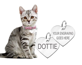 Engraved Cat Personalised Heart Tag Kitten Cat Disc Collar Neck Canine ID Safety Owner Details