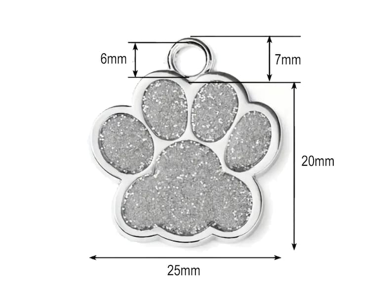 May include: Silver paw print dog tag with a sparkly finish. The tag measures 25mm wide, 20mm tall, and has a 6mm diameter ring.