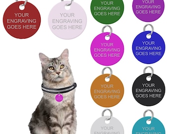 Engraved Cat Personalised Tag Kitten Disc Collar Neck Pet Animal Feline ID Round