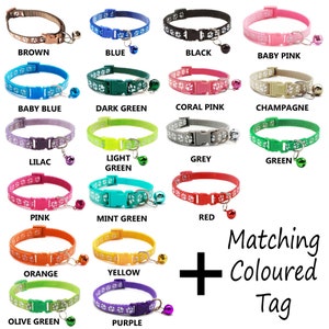 May include: Assortment of colourful cat collars with paw print designs and a bell. Each collar is labelled with its colour, including brown, blue, black, baby pink, baby blue, dark green, coral pink, champagne, lilac, light green, grey, green, pink, mint green, red, orange, yellow, olive green, and purple. Matching coloured tag.