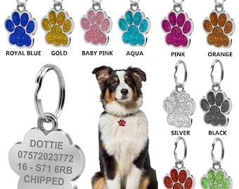 Engraved Personalised Dog Tag Pet ID Collar Puppy Name Charm Glitter Neck Sparkly Customised Glitter