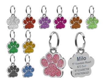 Engraved Dog Tag Glitter Personalised Pet Name ID Charm Dog Paw Print Collar Kitten Neck Sparkly Customised Metal Canine